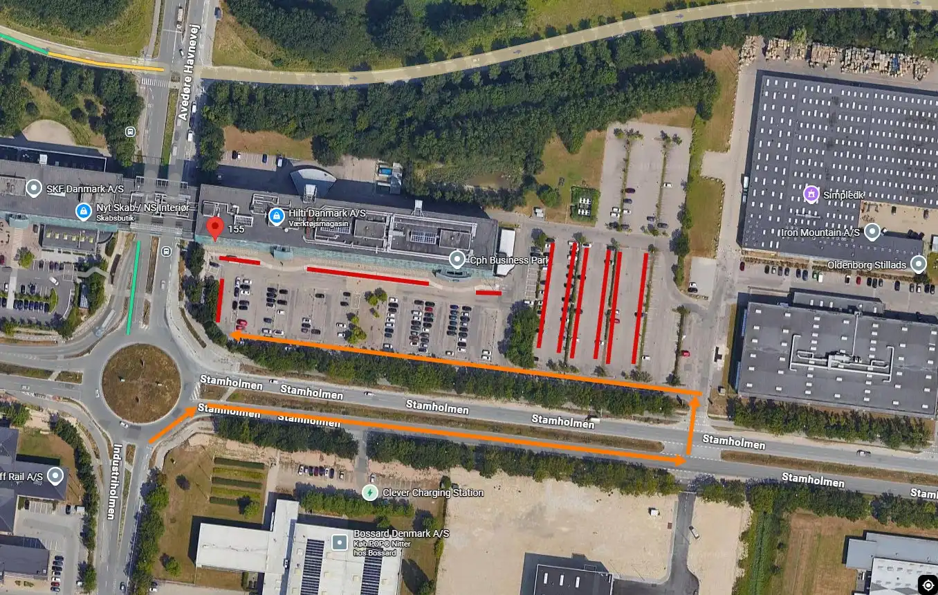 Kort over vejen til parkering ved Stamholmen 155