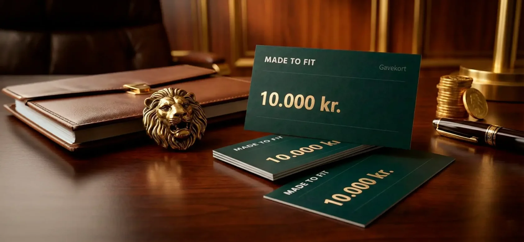 Made To Fit-gavekort på 10.000 kr. på et skrivebord med et gyldent løvehoved